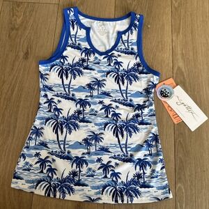 X by Gottex Blue and‎ White Tropical Print Moisture Wicking Active Tank XS